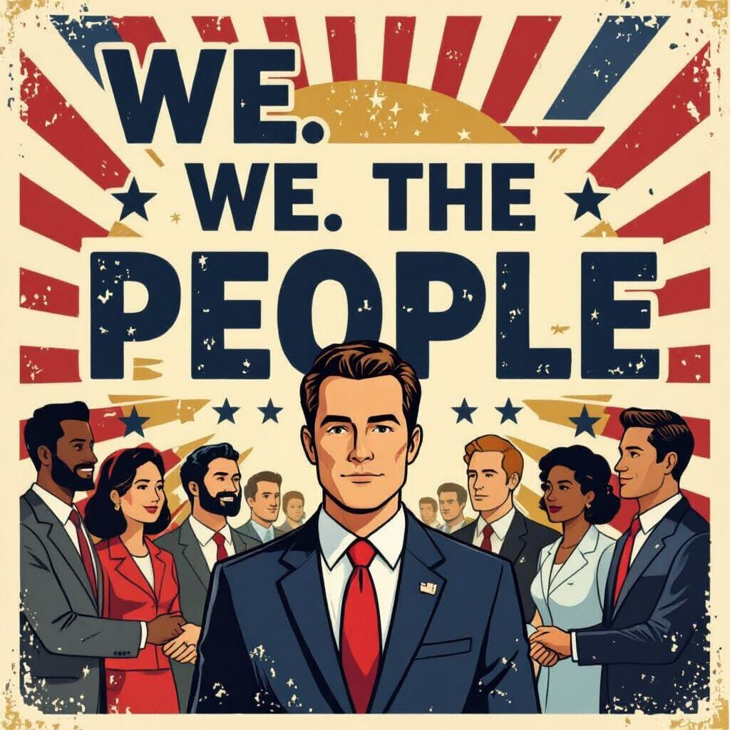 We The People Banner With Diverse Citizens in Propaganda Sty...