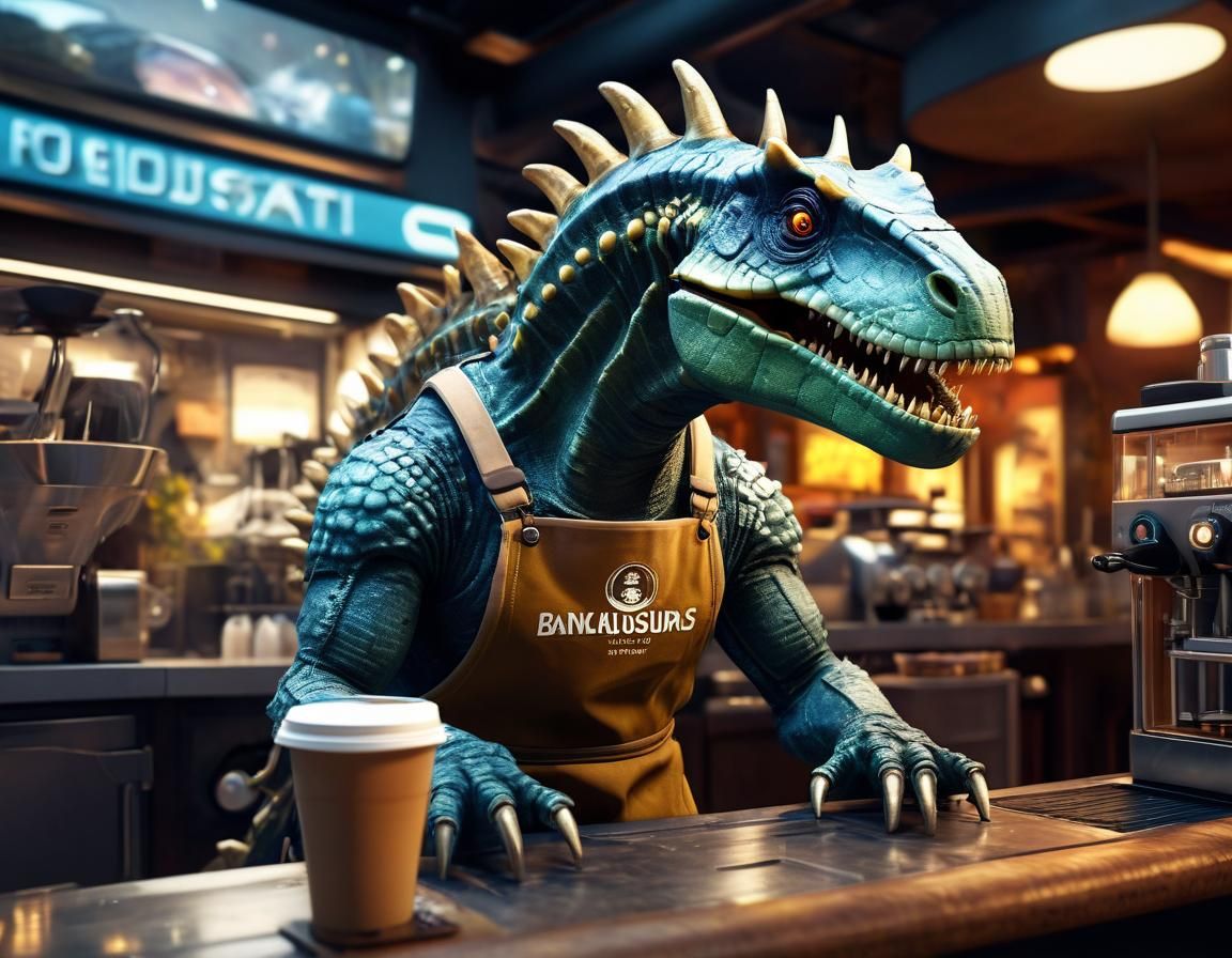 Ancient Anklyosaurus Barista in Futuristic Coffee Shop