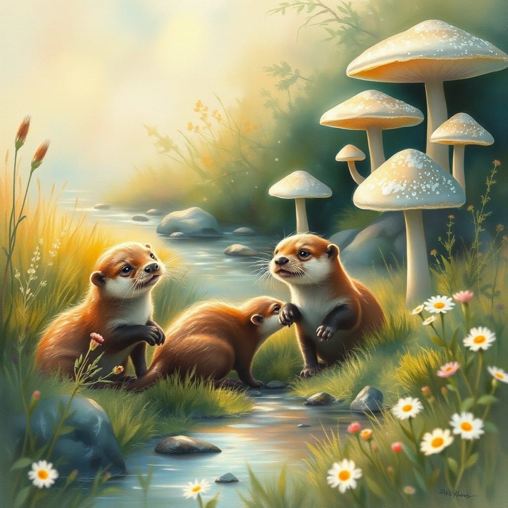 Otter Pups Frolic in Iridescent Mushroom Meadow