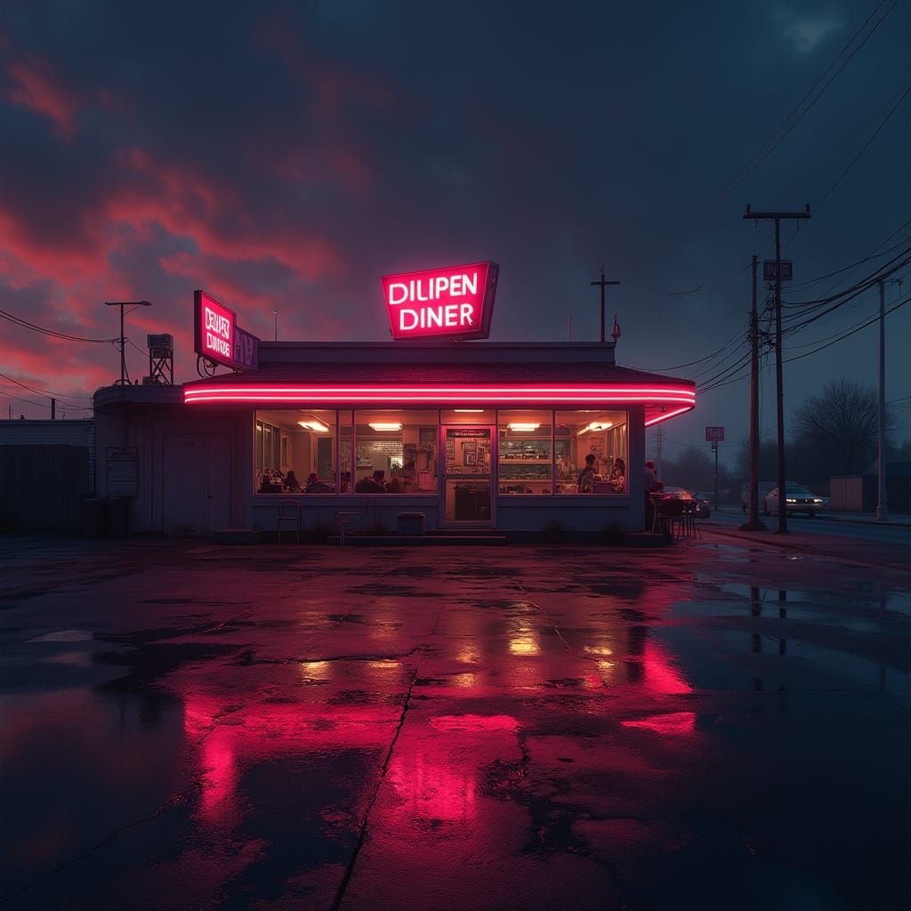 Retro-Futuristic Diner at Dusk in Hopper Style