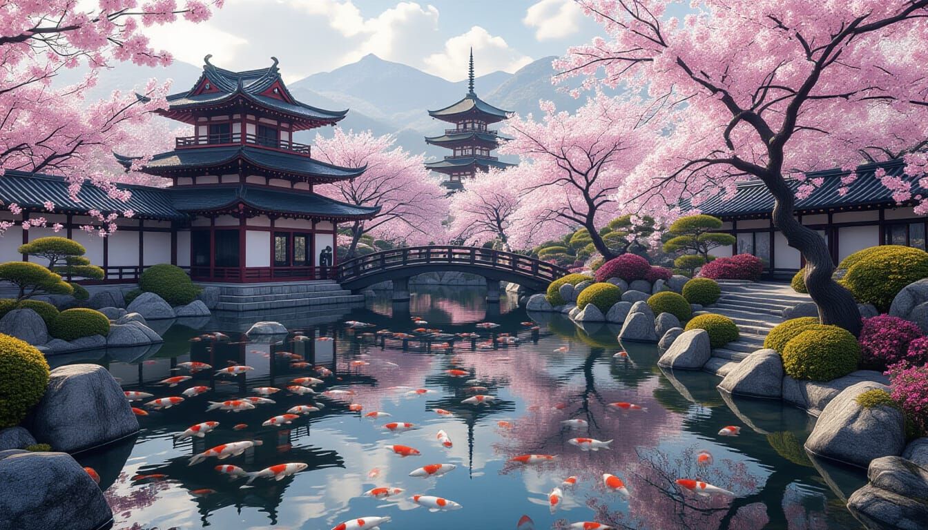 Stunning Japanese Garden with Koi and Sakura Trees