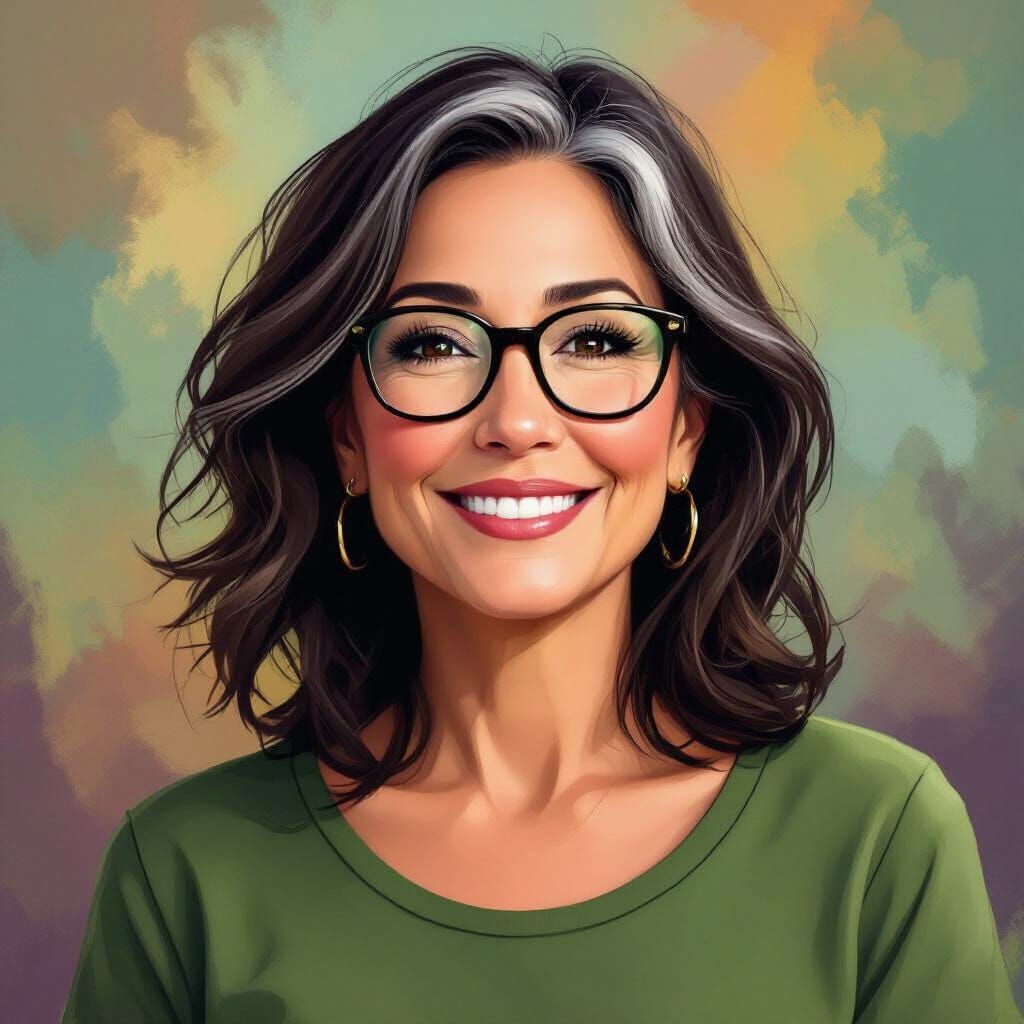 Kind Older Woman with Glasses in Colorful Abstract Art