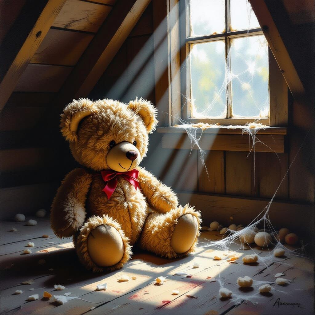 Weathered Teddy Bear in Dusty Attic, Hyperrealistic Oil Pain...