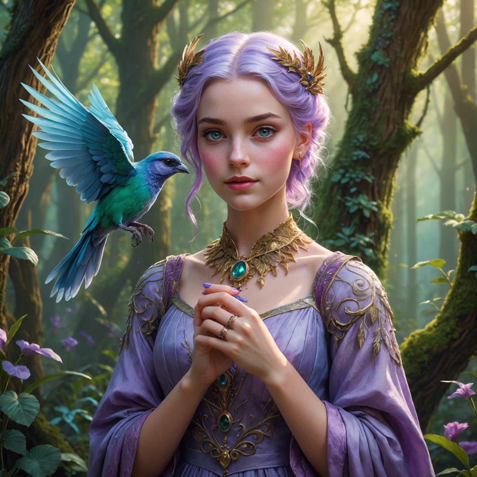 Girl with Bird in Mythical Pastel Forest