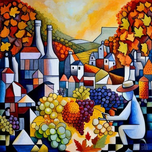 Autumn Vineyard Harvest in Impasto Style