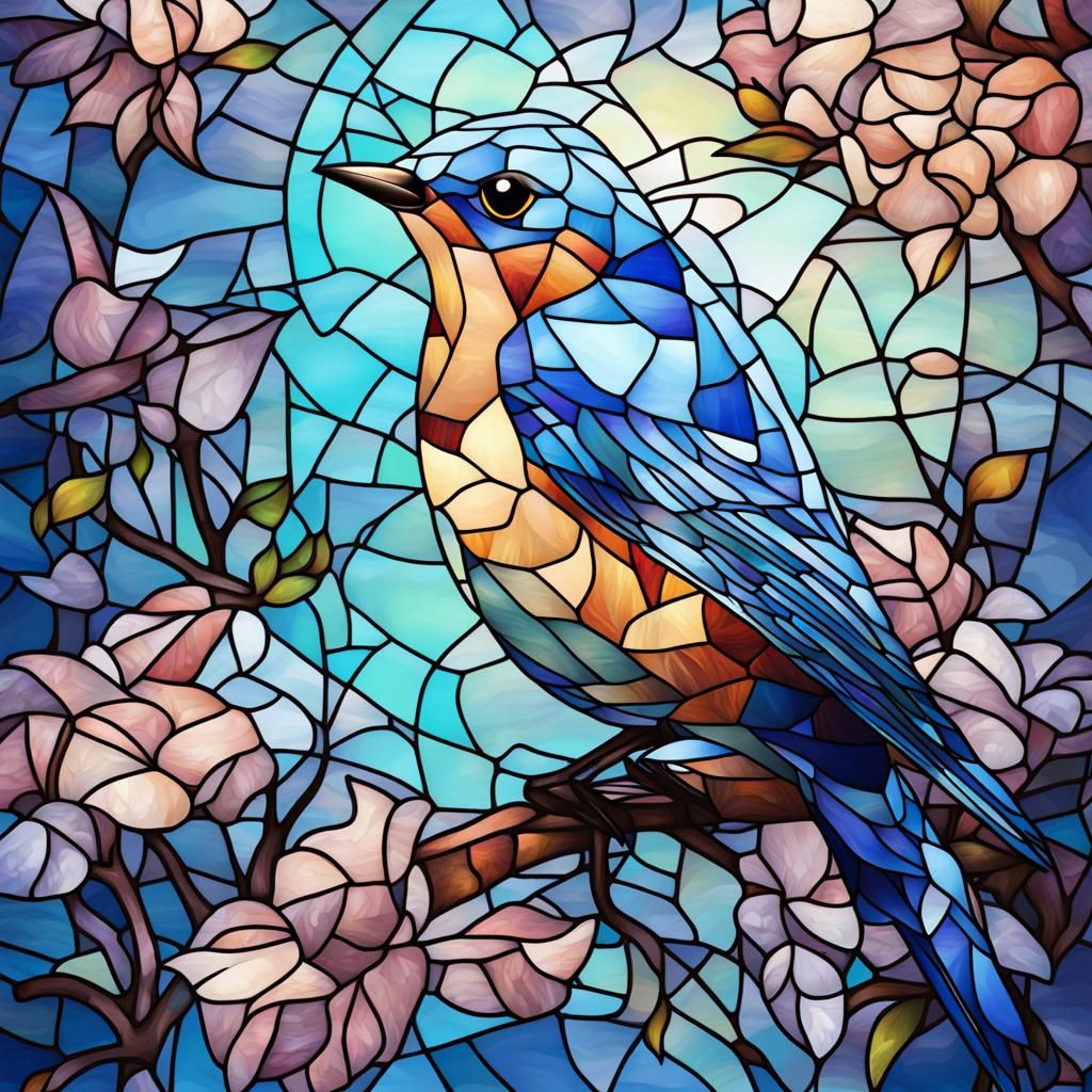 Blue Bird in Stained Glass Style