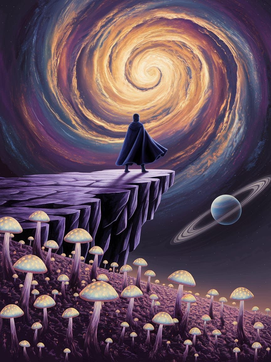 Figure on Crystal Cliff Overlooking Amethyst Gold Nebula