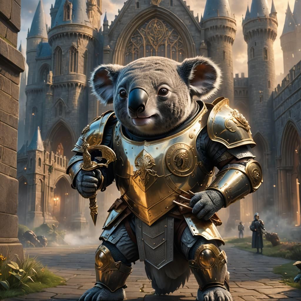 Armored Koala Guard at Hogwarts: Surreal Art