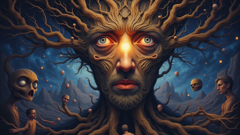 Cosmic Tree Nebula with Luminous Creatures and Constellation...