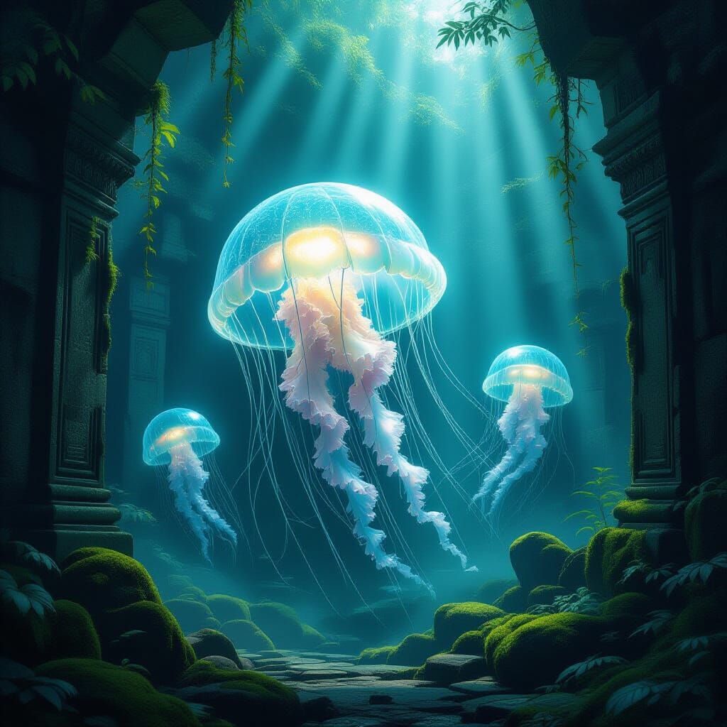 Bioluminescent Jellyfish Drifting Through Temple Ruins