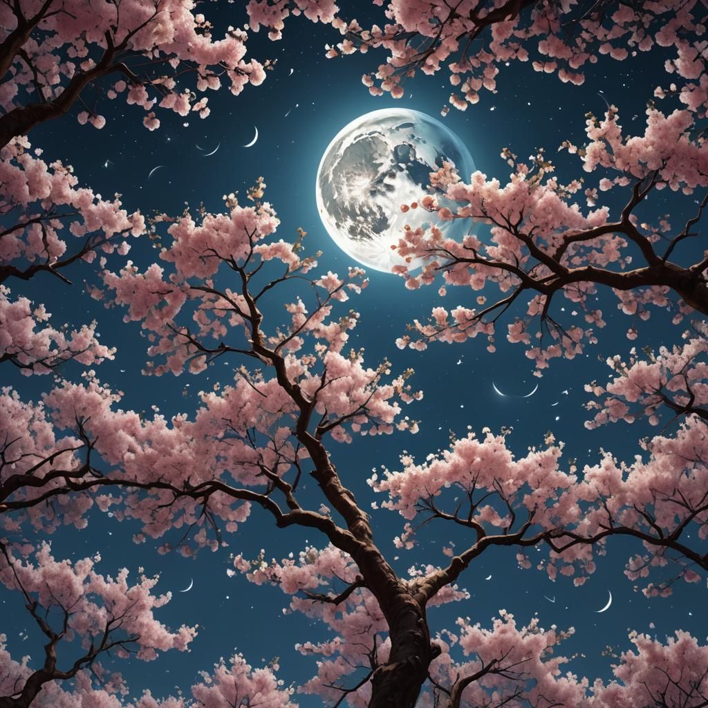 Blooming Cherry Trees Under Moonlight in Fantasy Style