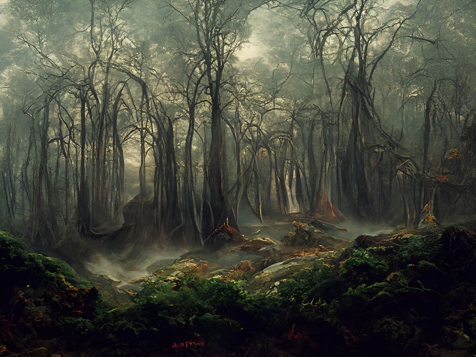 Eerie Haunted Forest Painting in Hyperrealism Style