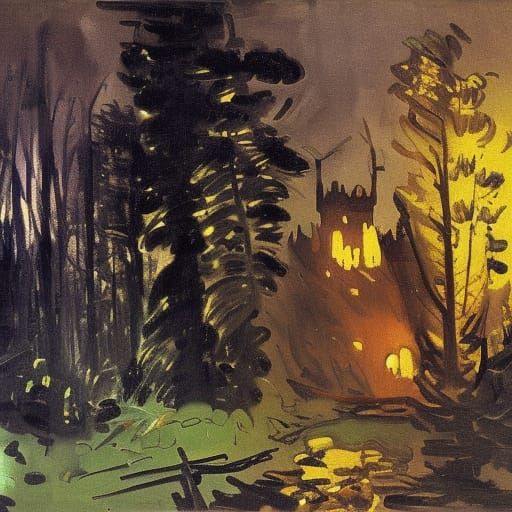 Torch Lit Castle in Forest, Impressionistic Style