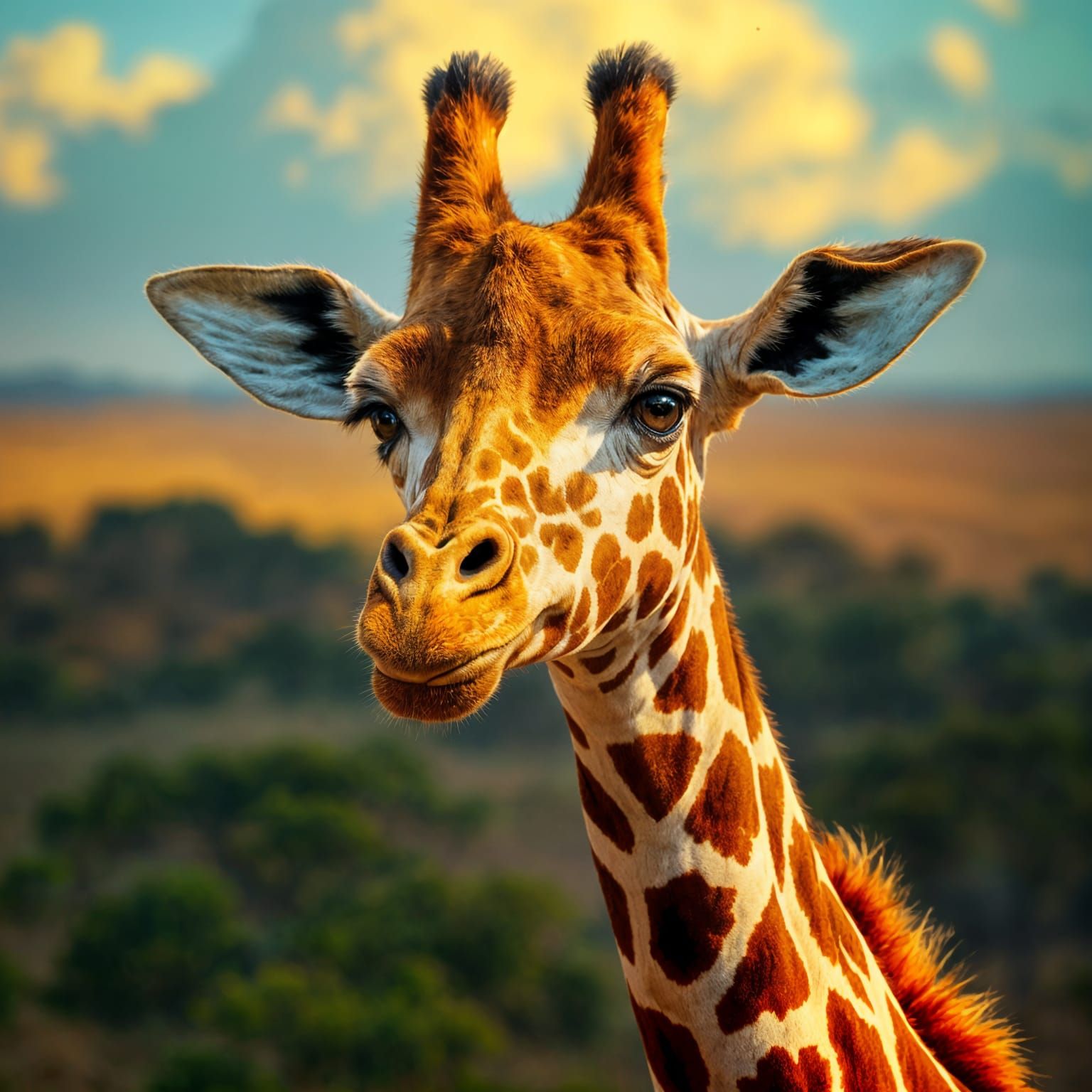 Mosaic Giraffe Portrait in African Savannah