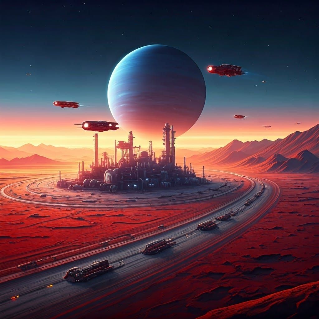 Neptune Rises Over Triton's Industrial Landscape