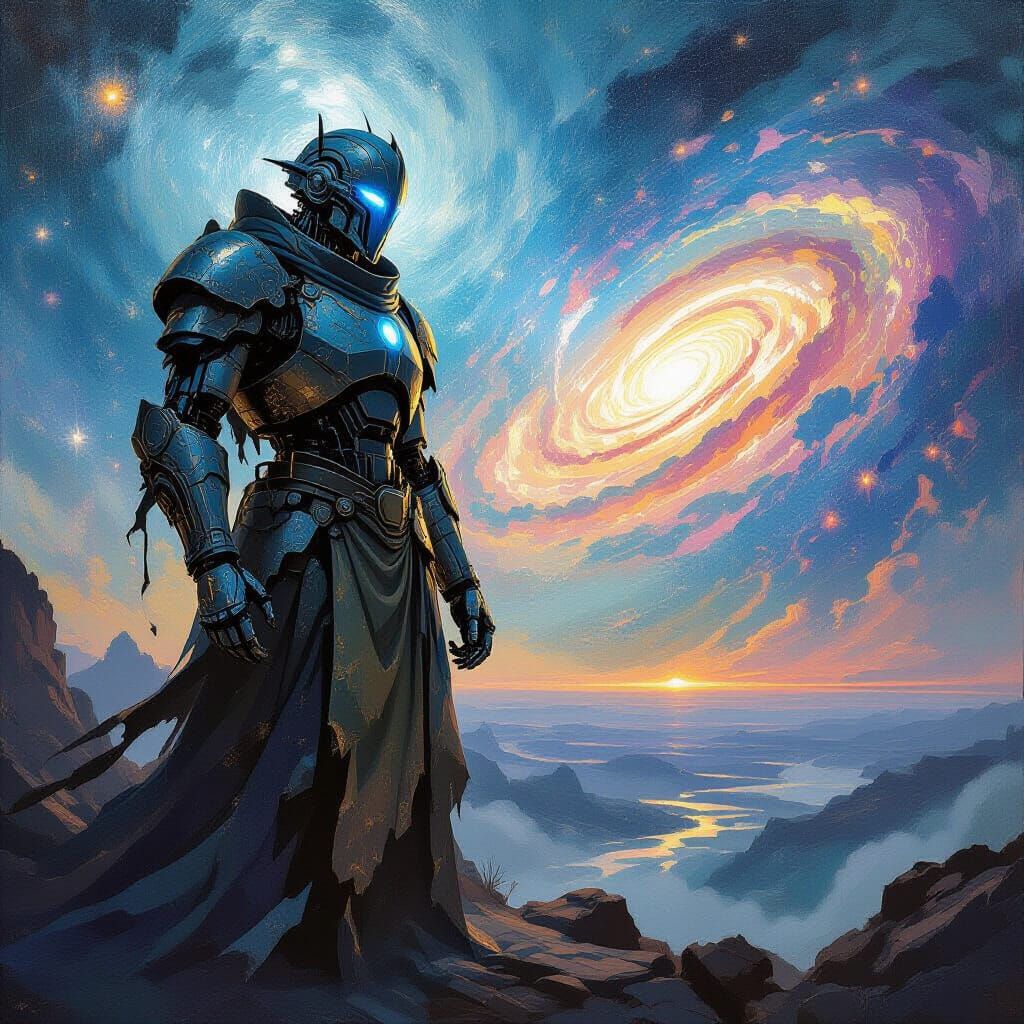 Ancient Robot Sentinel in Cosmic Void, Neo-Impressionist Sty...