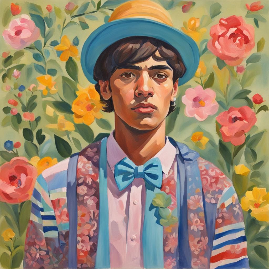Gouache Painting of a Young Man in Feminine Dress