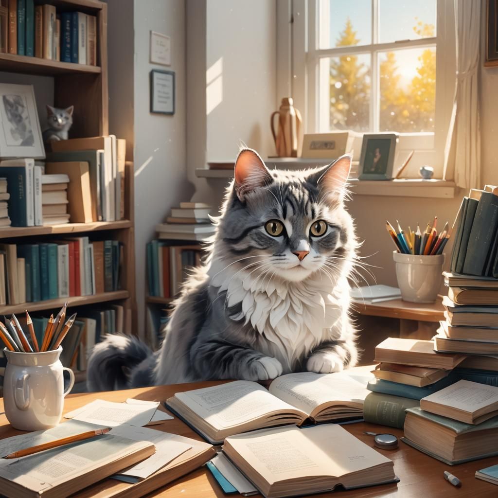 Curious Cat's Joyful Learning Moment: Whimsical Digital Art
