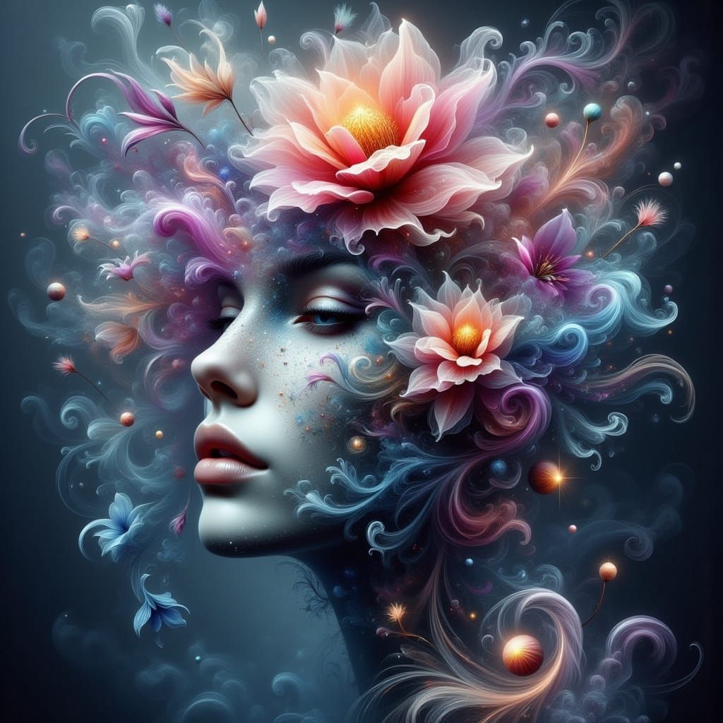 Surreal Digital Art: Woman Merging with Fantasy Flower
