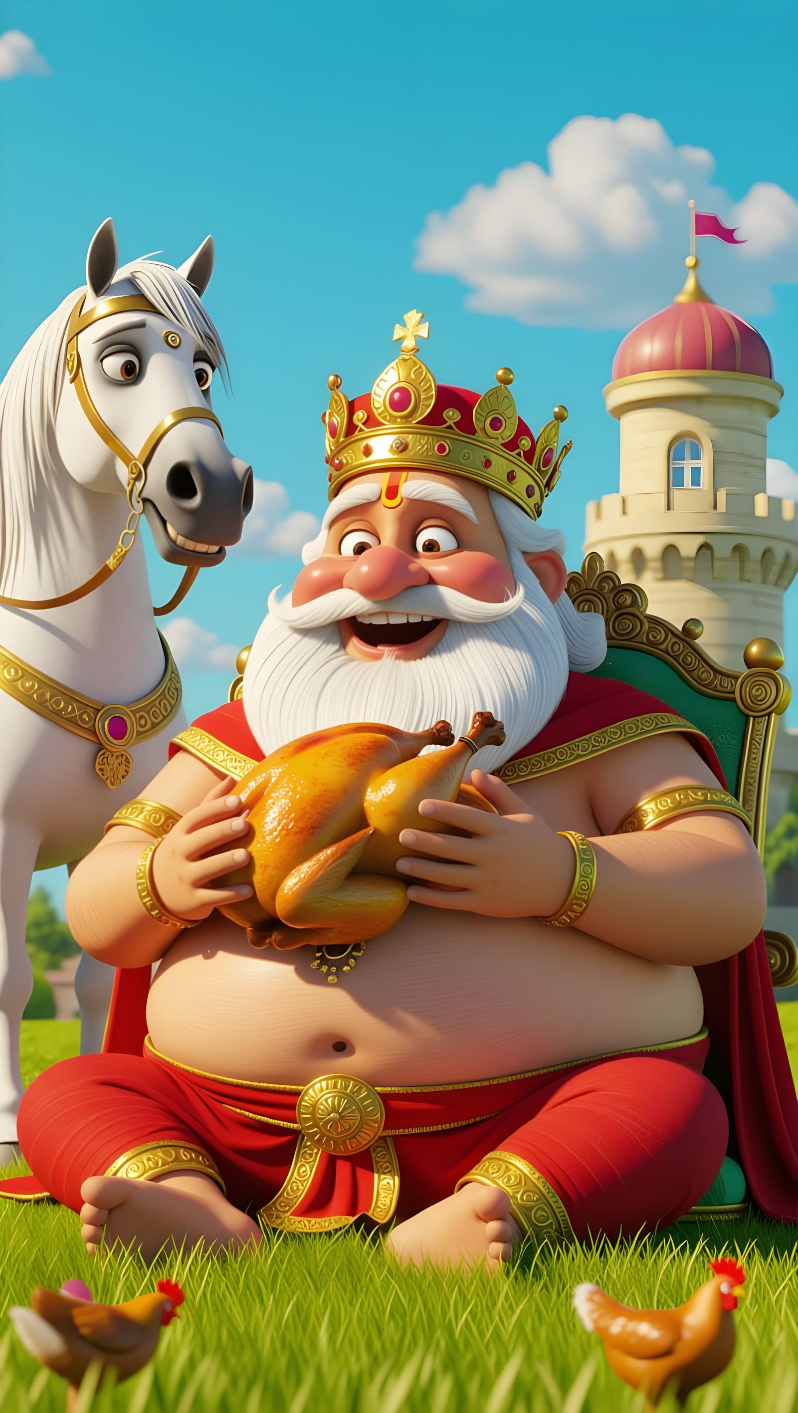 Golden King Relishes Roasted Feast in Lush Royal Gardens