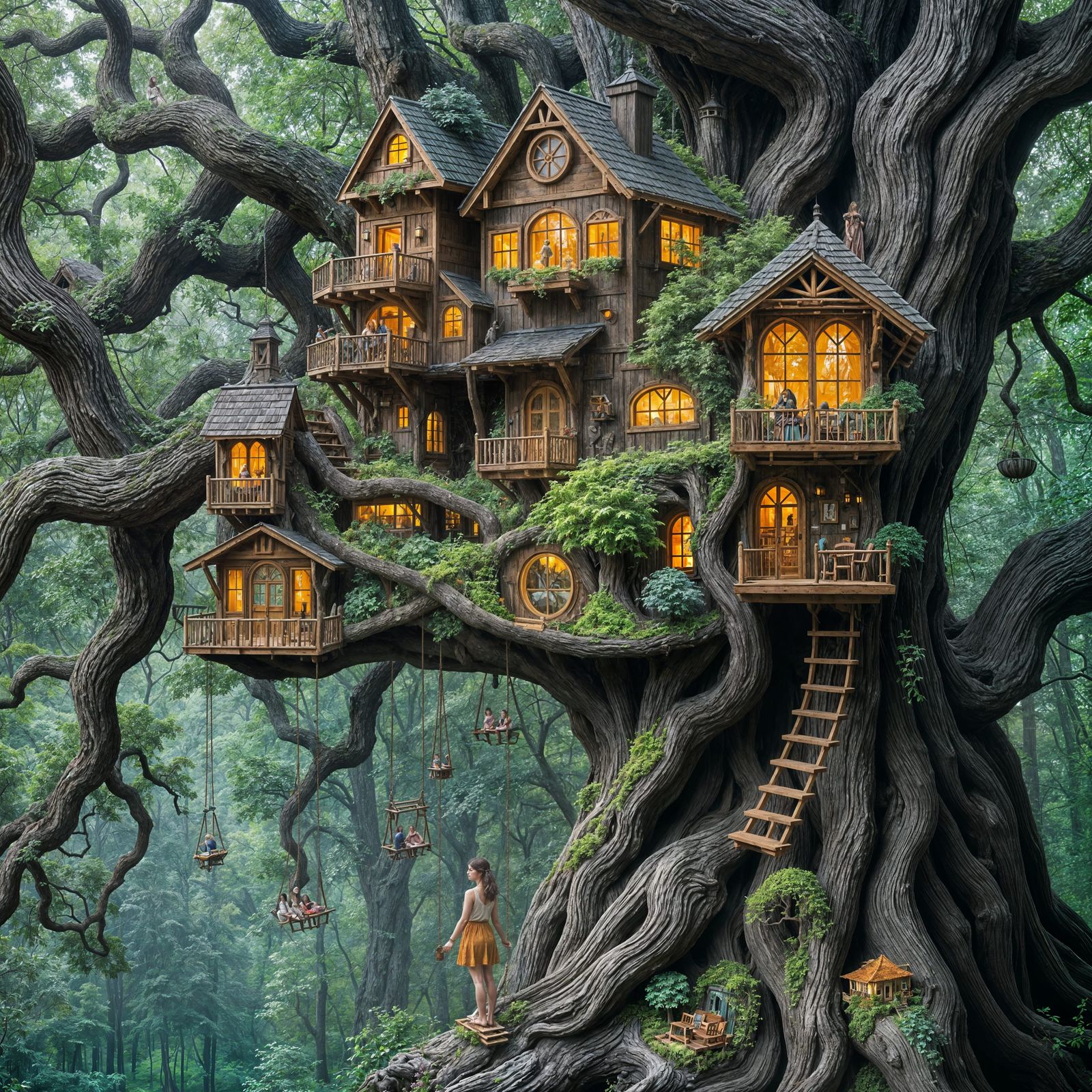 Surreal Treehouse Village in Whimsical Bio Art Style