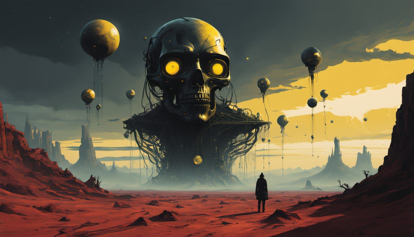 Yellow eyes in a floating skull