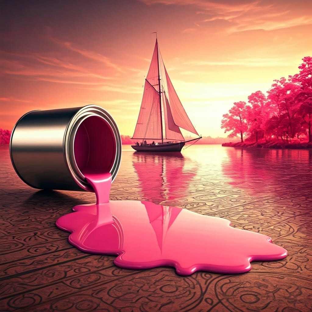 Pink Sailboat in Sunset Landscape, Art Deco Style