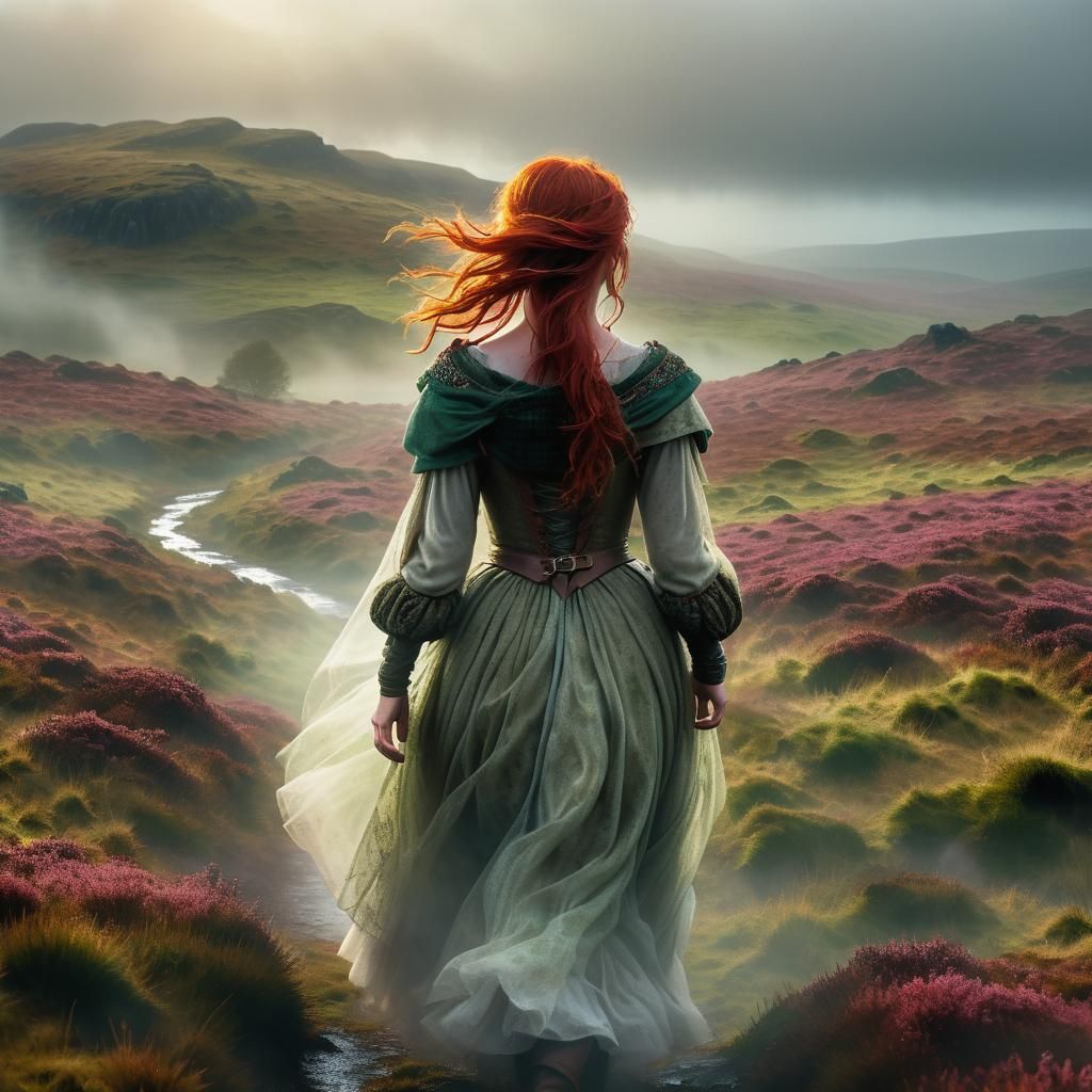 Scottish Princess Walks Misty Moors in Fantasy Art