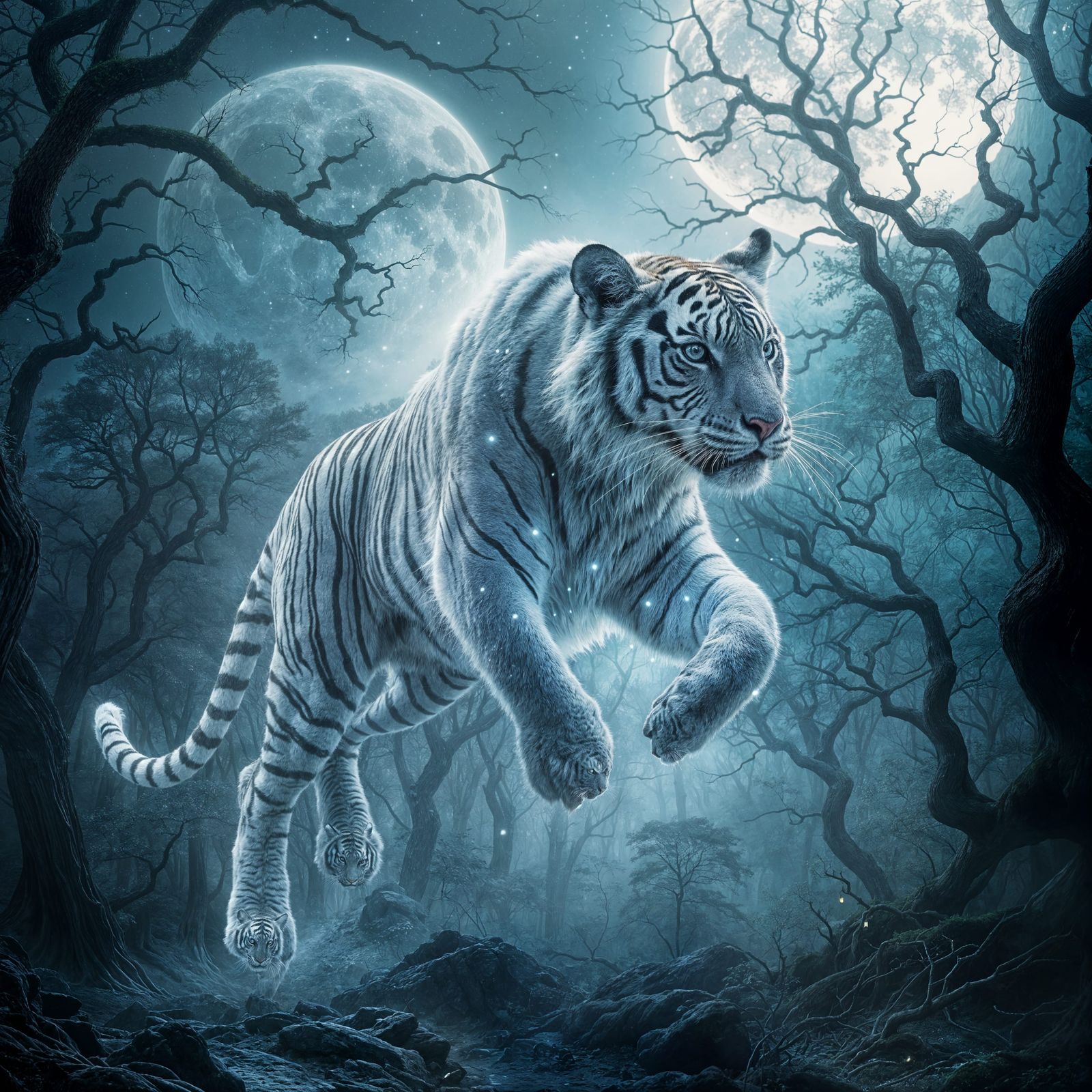 Celestial Phantom Tiger in Moonlit Forest