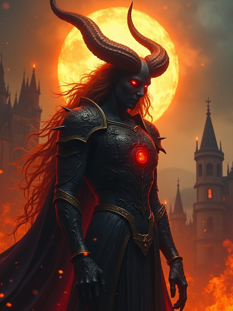 Dark Demoness Empress in Fiery, Gothic Landscape