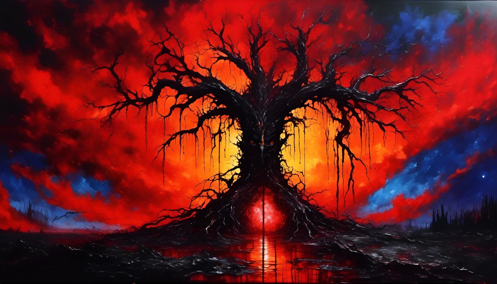 Fiery Tree in Maelstrom of Ash, Oil Painting