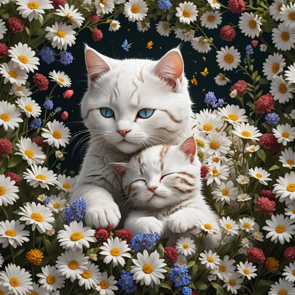 Cute Kitties Sleeping in Flowers, Detailed Matte Painting