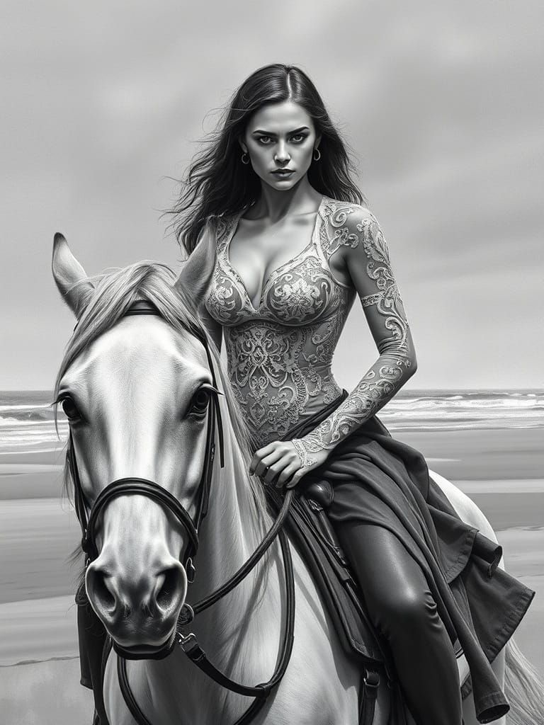 Expressive charcoal sketch of a fierce young woman on horseb...