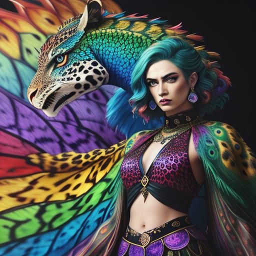 Stunning Woman with Rainbow Scales and Peacock Hair