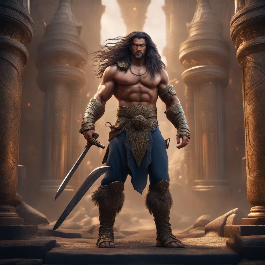 Samson with Long Hair in Detailed Matte Painting Style