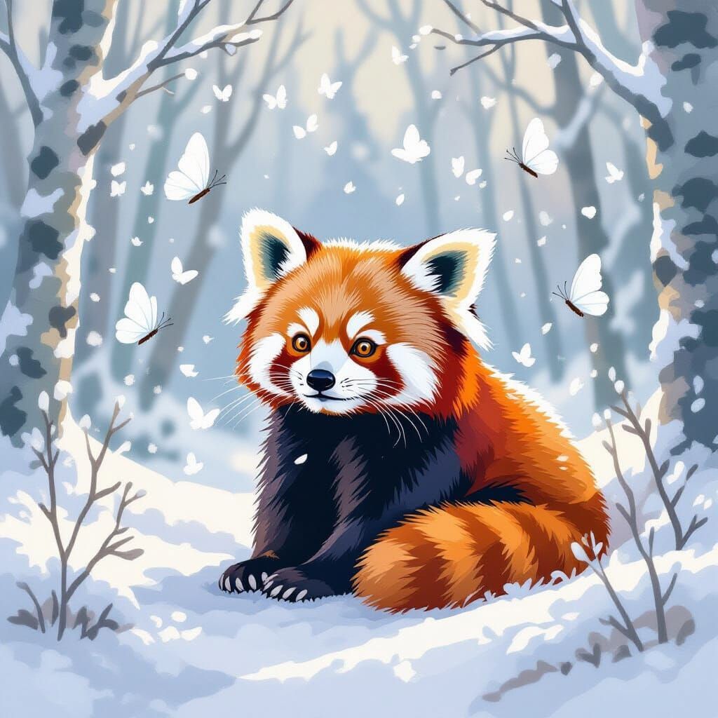 Red Panda With Frosty Butterflies in Snowy Forest