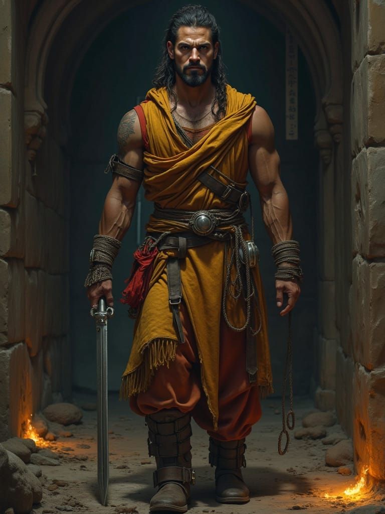 Warrior Preparing for Solo Combat in a Futuristic Arena