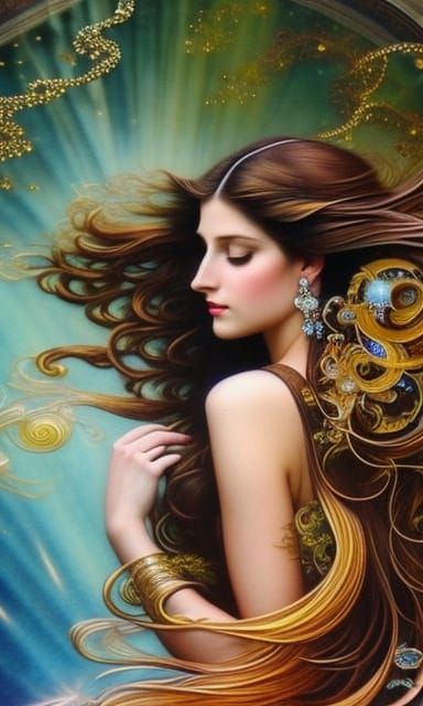 Elegant Beauty with Flowing Hair in Art Nouveau Style
