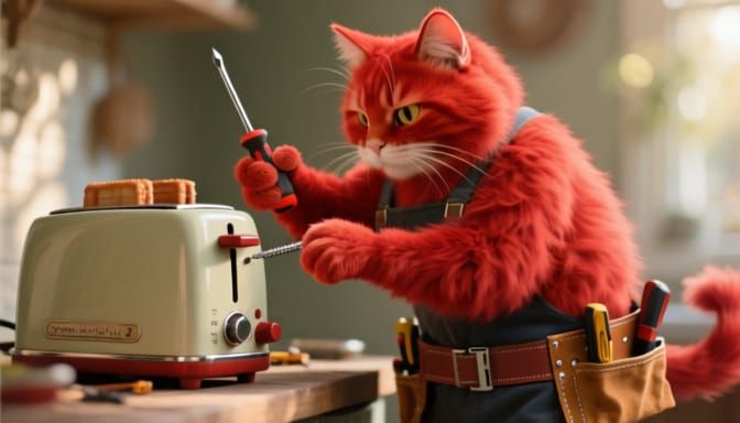 Red Cat Mechanic Repairs Vintage Toaster