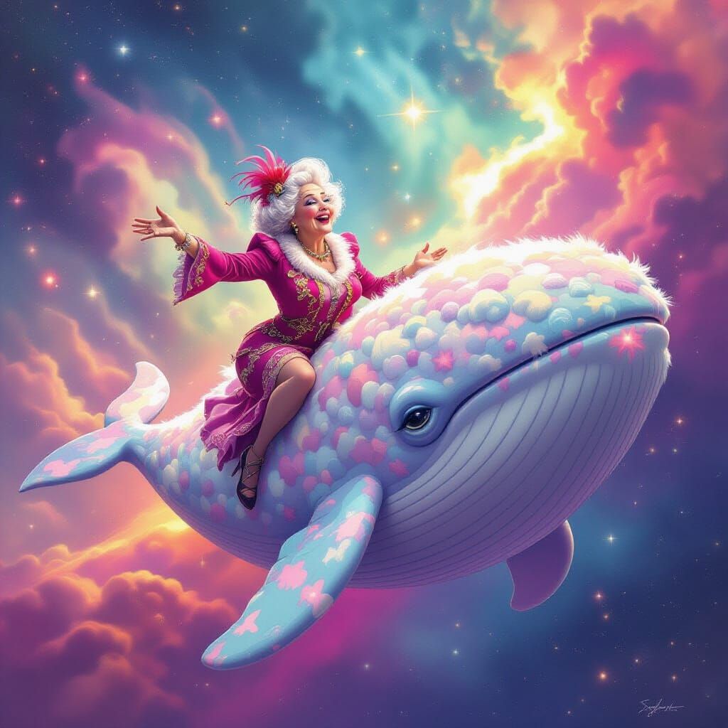 Elderly Woman Rides Fluffy Space Whale in Nebula
