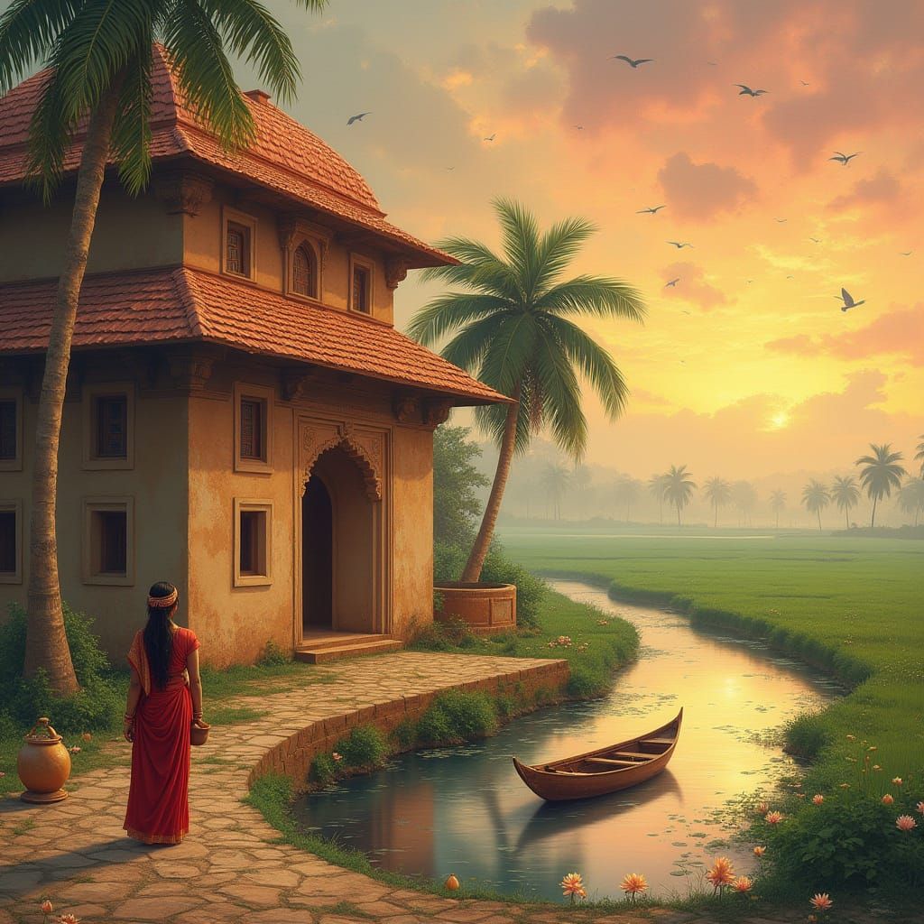 Surreal Indian Landscape with Ancient Haveli and Serene Rive...