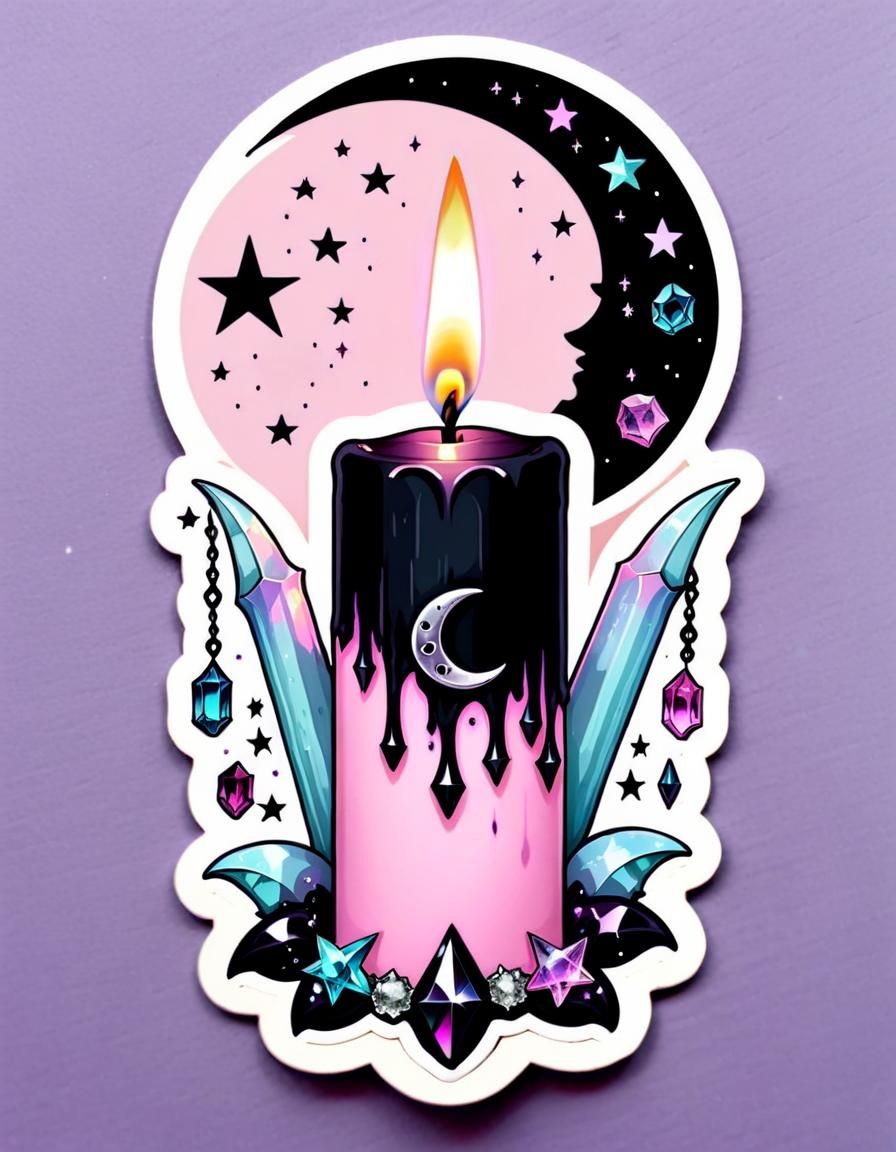 Pastel Goth Wicca Pink Candle Sticker with Crystals