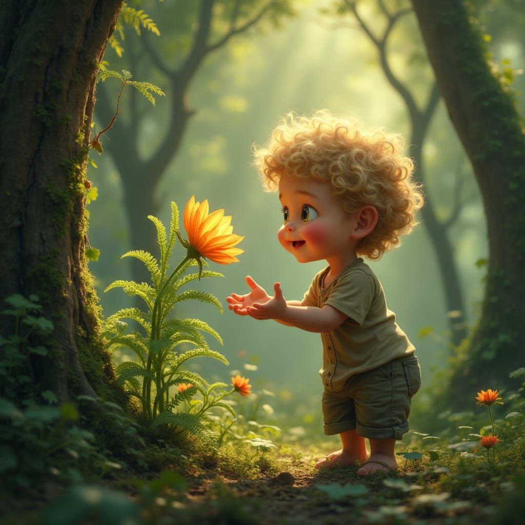 Magical Fern Flower in Enchanted Forest with Joyful Boy