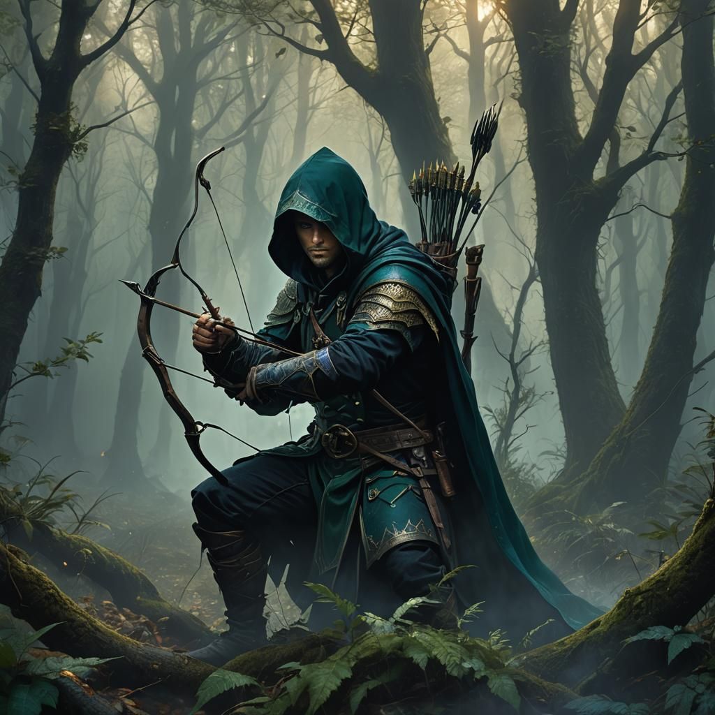 Hooded Archer in Misty Forest: Dark Fantasy Art