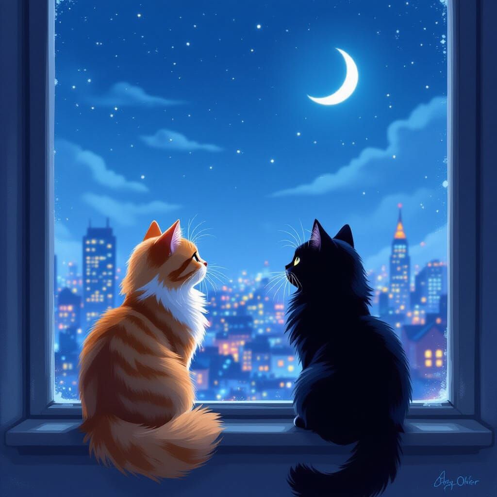 Cats on Windowsill Viewing Night Cityscape