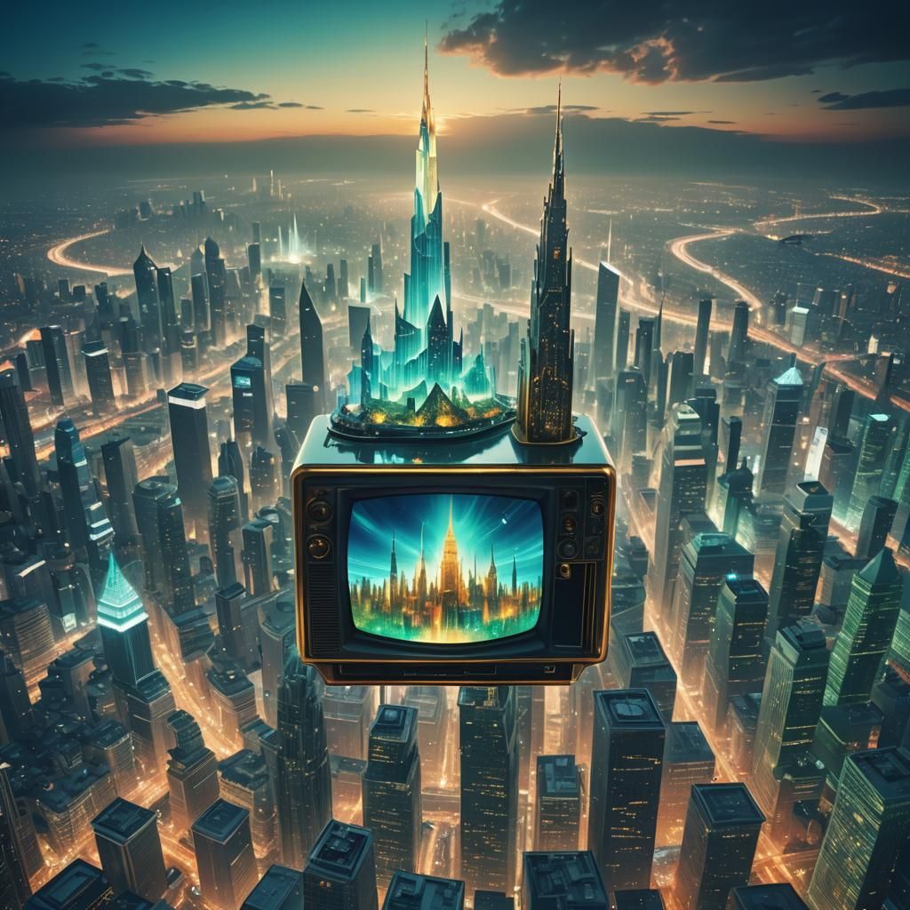 Ethereal TV Displaying a Futuristic Cityscape