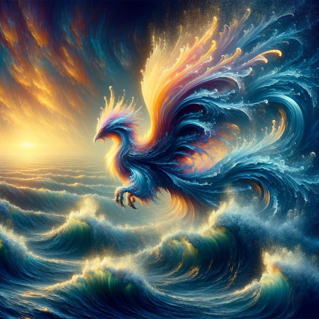 Majestic Phoenix Rises from the Ocean in a Surrealistic Mast...