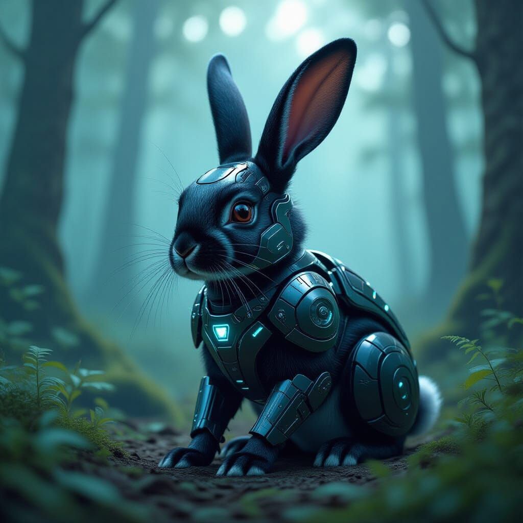 Cyberpunk Black Rabbit in Holographic Forest