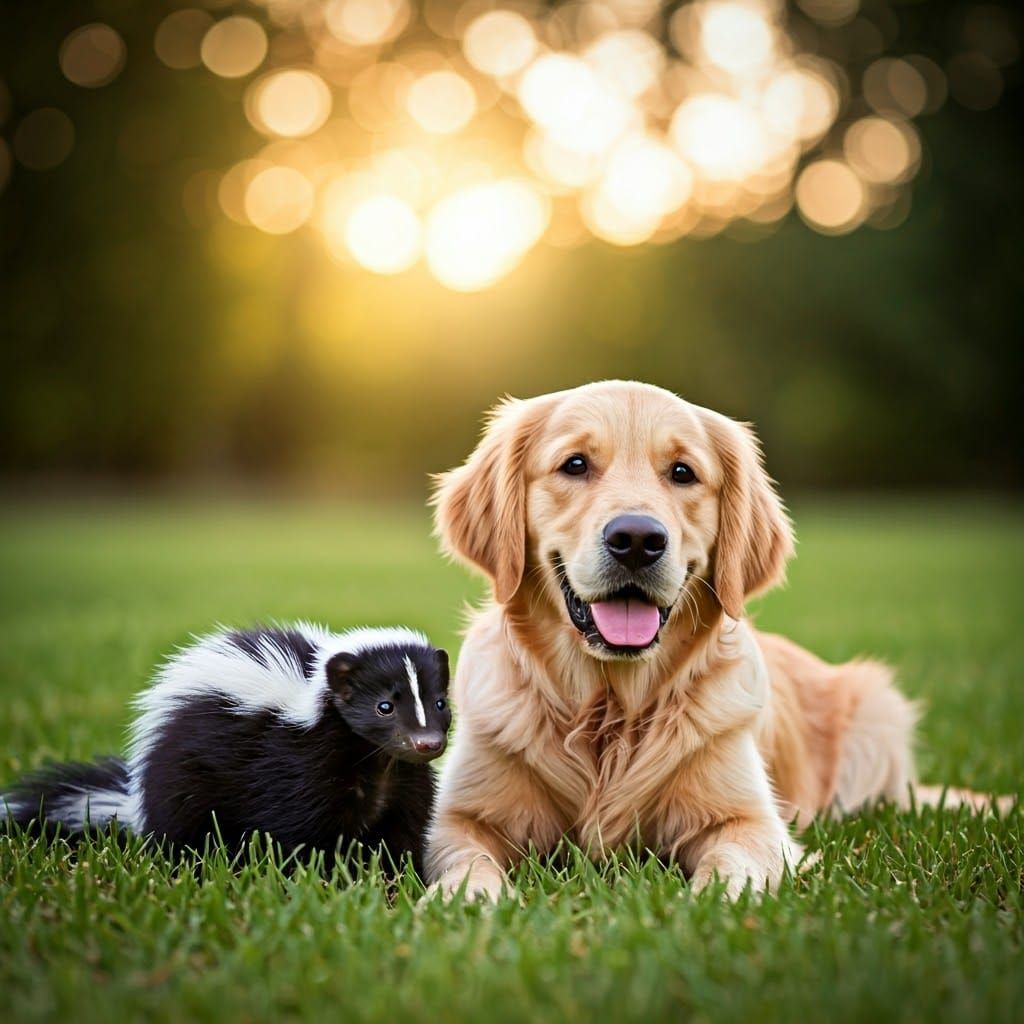 Skunk and Golden Retriever in Summer Meadow