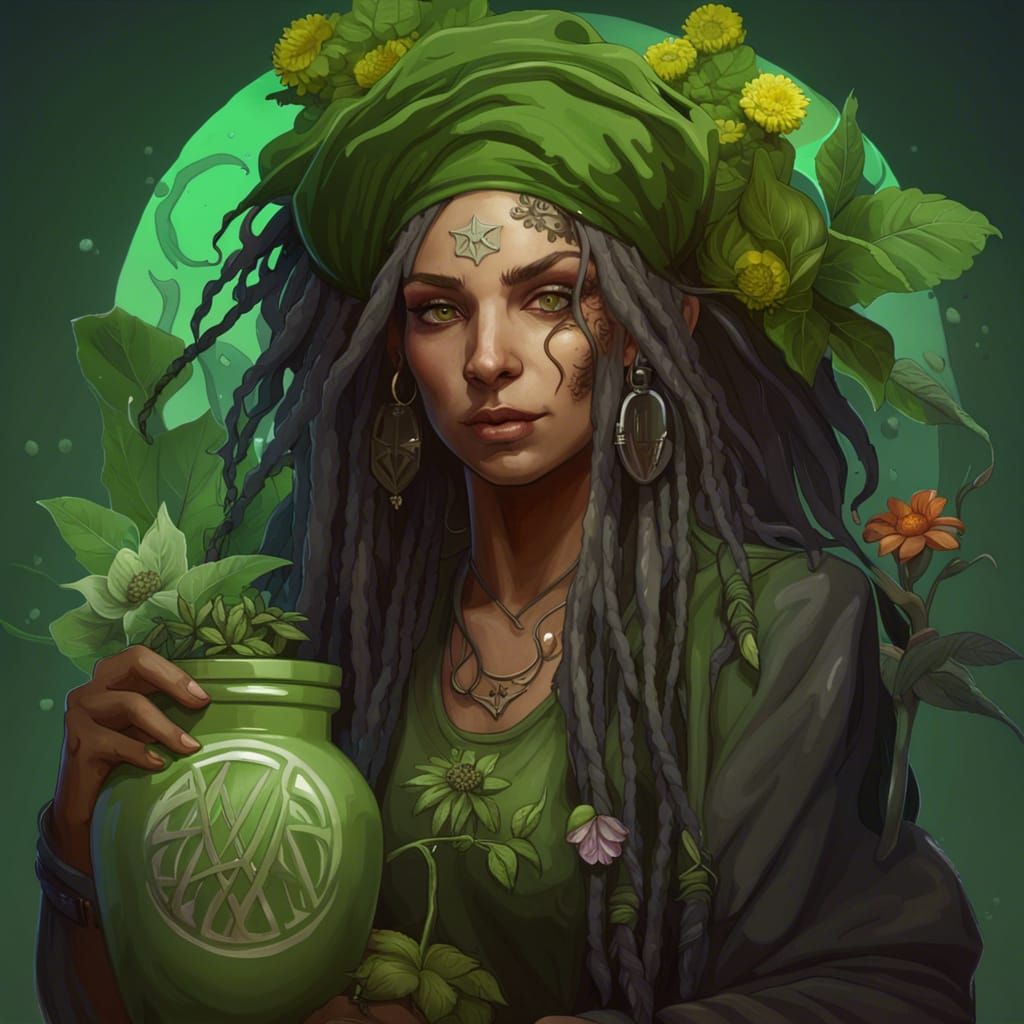 Green Witch Portrait with Plants, Hyperdetailed Art